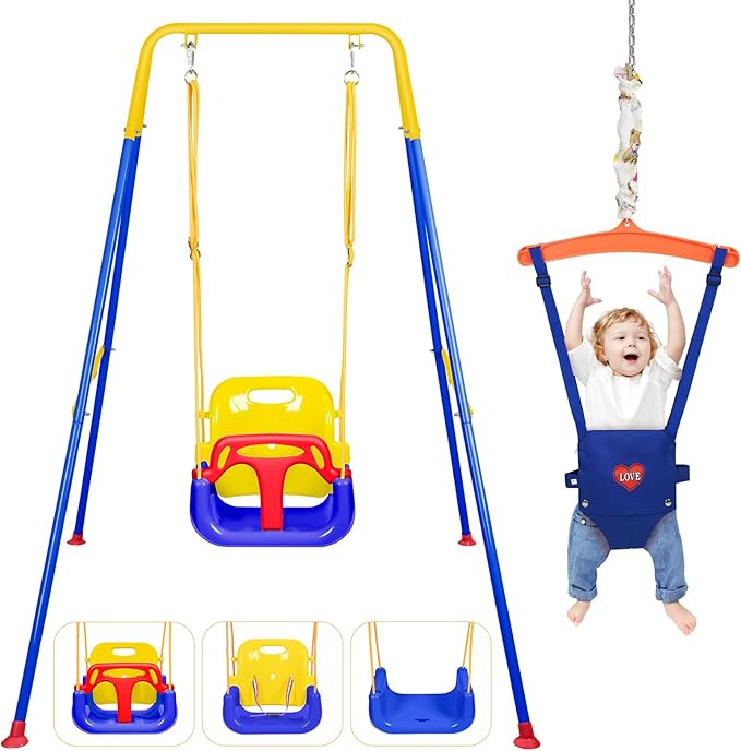 4-in-1 Toddler Swing Set & Baby Jumper and Bouncer for Toddlers, Foldable Baby Swing Stand for Outdoor Indoor Play, Easy to Assemble and Store for Ages 6 Months to 10 Years Old (Blue)