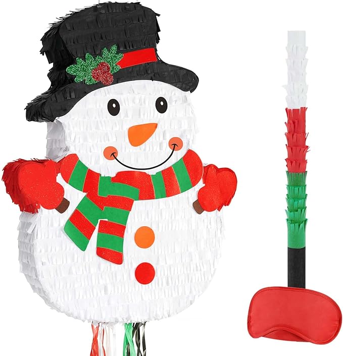 Wernnsai Christmas Piata Large Pull String with Blindfold Bat Cute Snowman Piata for Christmas Party Games White Party Decorations 16.5' x 12.4'