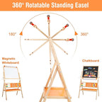 3-in-1 Wooden Easel for Kids, Toddle Double-Sided Easel with Magnetic Whiteboard and Painting Blackboard, 360° Rotatable, Paper-roll Holder, Storage Tray, and Stickers Included