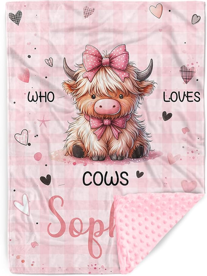 Personalized Baby Blankets for Girls, Custom Name Pink Highland Cow Pattern Baby Blanket, Soft Minky Dot Blanket for Newborns and Toddlers, Ideal for Baby Showers Christmas Brithday Gifts