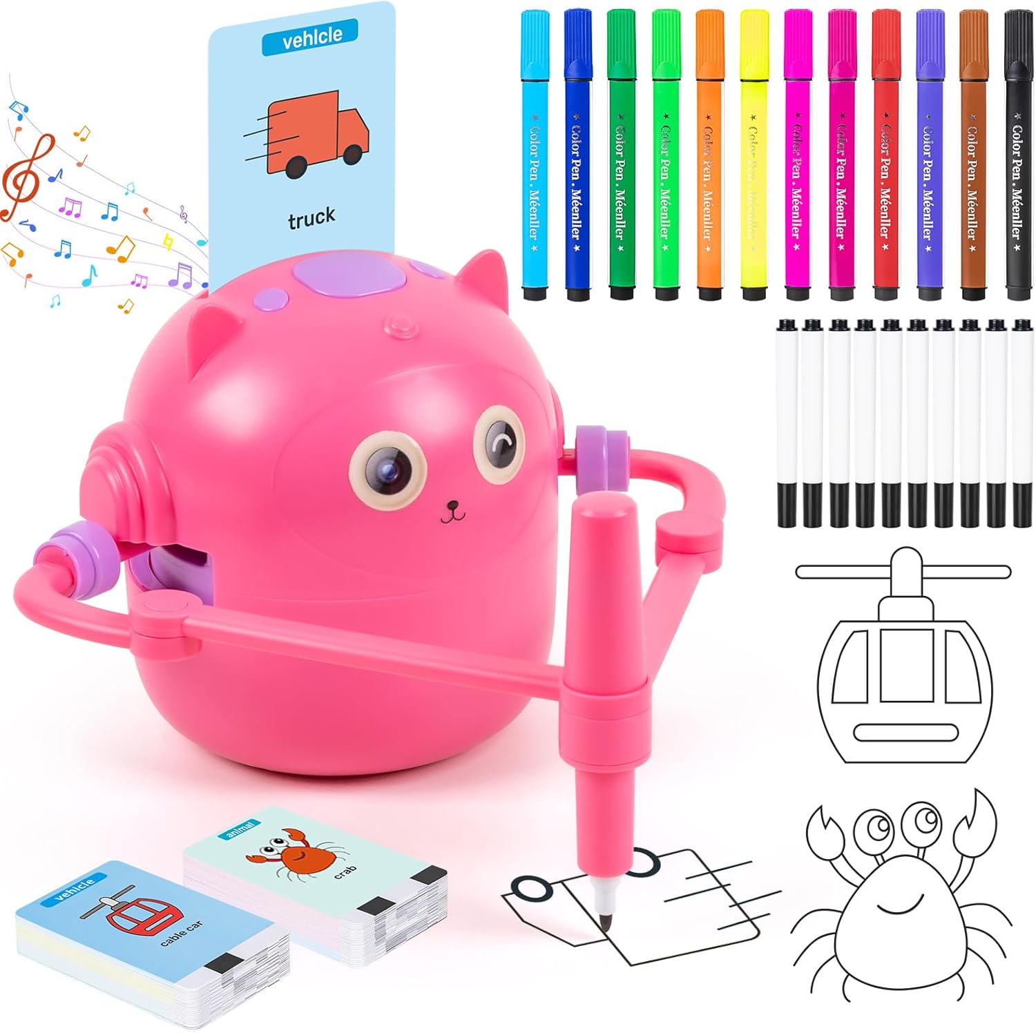 Drawing Robot for Kids, Interactive Educational Drawing Robot, Magic Painting Robot Toy with 100 Word Cards & 16 Color Pens for Girls and Boys Age 3+ (Pink)