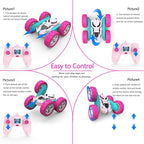 Remote Control Car for Girls Pink RC Car Double Sided 360°Flip Stunt Car with Headlights, Girl Princess Toys Rechargeable Toy Car for 6-7 6-8 9 10-12 Year Old Girls Birthday