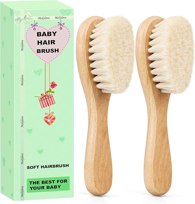 Baby Hair Brush, Wooden Baby Hair Brush for Newborns & Toddlers, Super Soft Goat Bristles Hair Brush, Toddler Hair Brush,Ideal for Cradle Cap (2PCS)