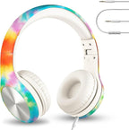 LilGadgets Connect+ Pro Kids Headphones with Mic and Cord, SharePort Technology, Over-Ear Foldable Headset, Volume Limit 93db, Wired Inline 3.5mm Jack for School - Tie Dye Rainbow Headphones for Kids