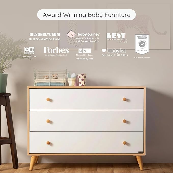 dadada Austin 3-Drawer Dresser for Nursery and Bedroom - Modern Design, Large Storage, Baby-Safe Finish, Soft Close Drawers, Anti-Tip Safety, Solid Wood Feet, Durable Construction (White+Red Oak)