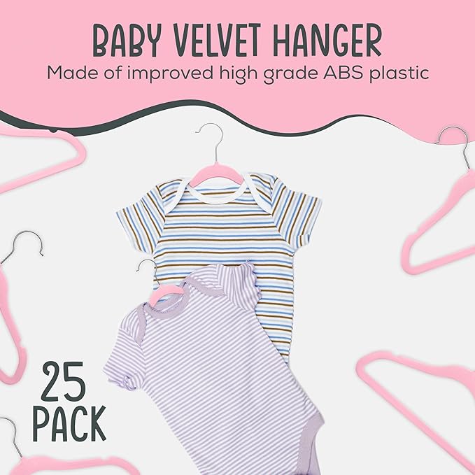 25 Premium Baby Velvet Hangers - 11.8 Inches Non-Slip & Ultra-Slim Baby Hangers for Space-Saving & Children Clothes - 360 Swivel Hook, Strong & Durable Infant & Toddler Clothes Hanger - Pink