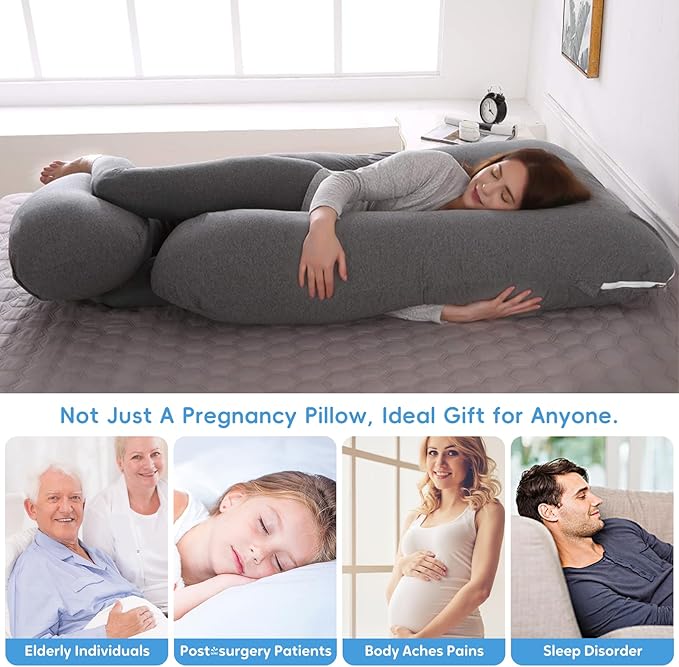 U-Shaped Pregnancy Pillow for Sleeping, Full Body Support for Back, HIPS & Belly -65 Inch Maternity Pillow with Machine Washable Cover | Maternity Essential (Jersey Knit Cotton Gray- 65inch)
