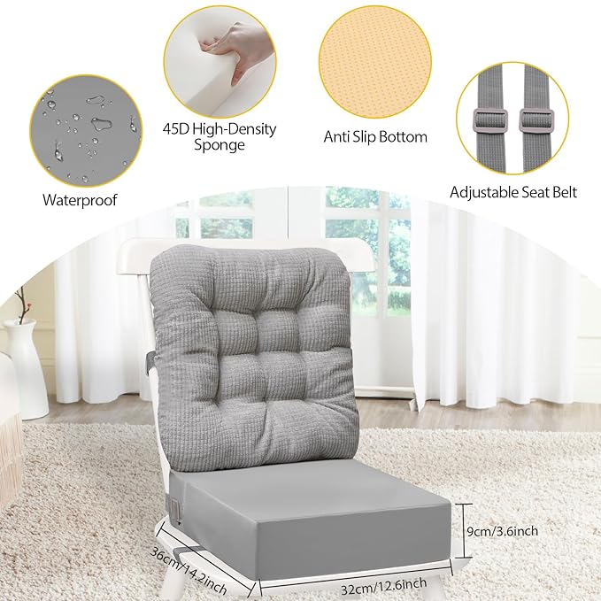 Toddler Booster Seat for Dining Table 2PC Upgraded 3.6IN Cushion with Soft Corduroy Backrest Infant Booster Seat for Kitchen Chair with Adjustable Straps - Non-Slip Base & Breathable Fabric ﻿