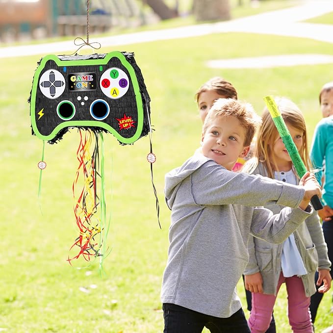 WERNNSAI Foldable Video Game Piñata - Pull String Gaming Birthday Party Supplies Extendable Piñata with Blindfold Bat and Tassels Game On Birthday Party Decoration Folding Piñatas for Classroom Game
