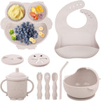 Baby Weaning Set - Silicone Toddler Feeding Set (10 Pcs) with Adjustable Bib, Suction Bowl, Plate, Fork, Spoon, Water & Snack Cup Kit - Baby Led Weaning Kit