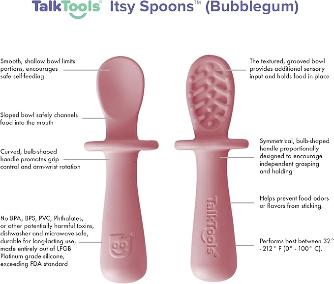 TalkTools ITSY Tiny Silicone Spoons – Twin Pack Soft Silicone Self-Feeding Training Spoons for Kids & Toddlers, Anti-Choking Flange Guard and Non-Slip Handle (Bubblegum)