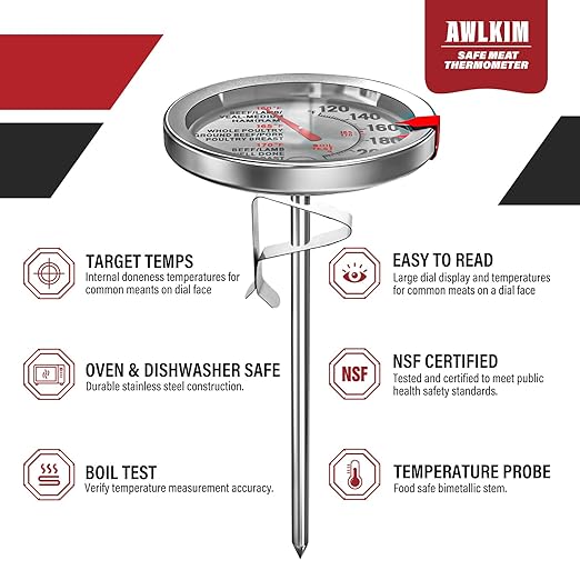2 Pack Stainless Steel Meat Thermometer, Safe Leave in Oven, 2.5-in Extra-Large Dial Food Thermometer for Cooking, Temperature Probe for Baking, Steak, Turkey - Kitchen Gadgets - Silver
