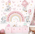 decalmile Pink Rainbow Elephant Wall Stickers Hot Air Balloon Animals Clouds Stars Wall Decals Baby Nursery Kids Bedroom Daycare Wall Decor