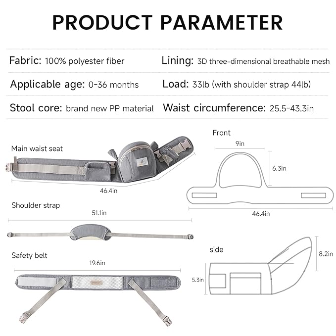 Baby Carrier with Hip Seat Adjustable Strap Huge Storage 4-in-1Toddler Carrier Enhanced Lumbar Support Ergonomic Baby Hip Carrier for Newborns & Toddlers Gray