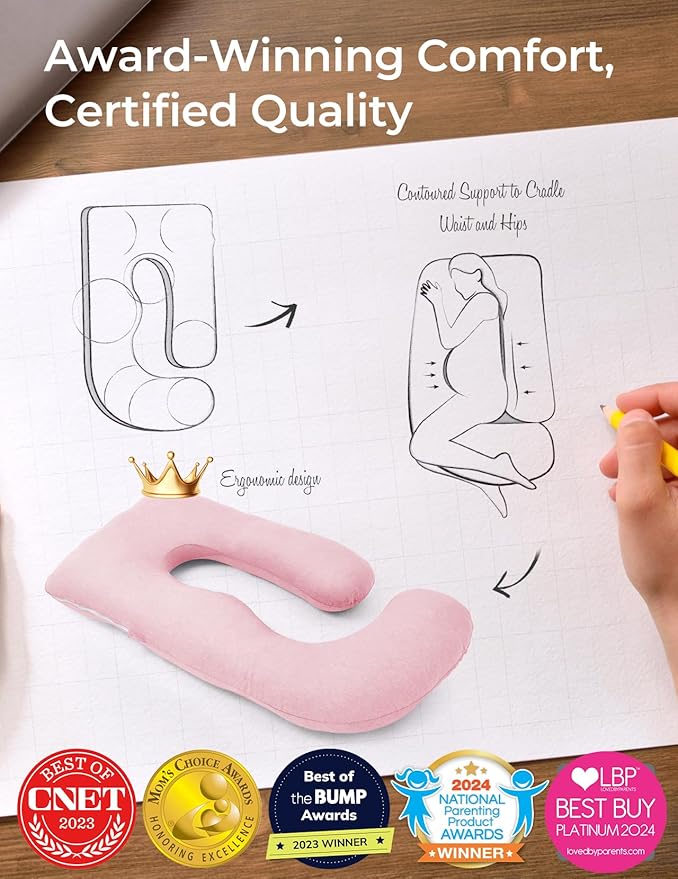 Momcozy Pregnancy Pillows for Sleeping, U Shaped Full Body Maternity Pillow for Side Sleeping - Support for Back, Legs, Belly, HIPS, 57 Inch, Pink