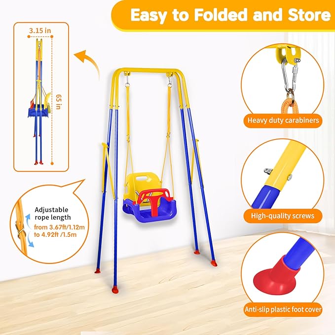 4 in 1 Toddler Swing Set & Baby Jumper, Heavy Duty Kids Swing with Bouncer, Foldable Metal Stand for Indoor & Outdoor, Easy Install & Store (Blue)