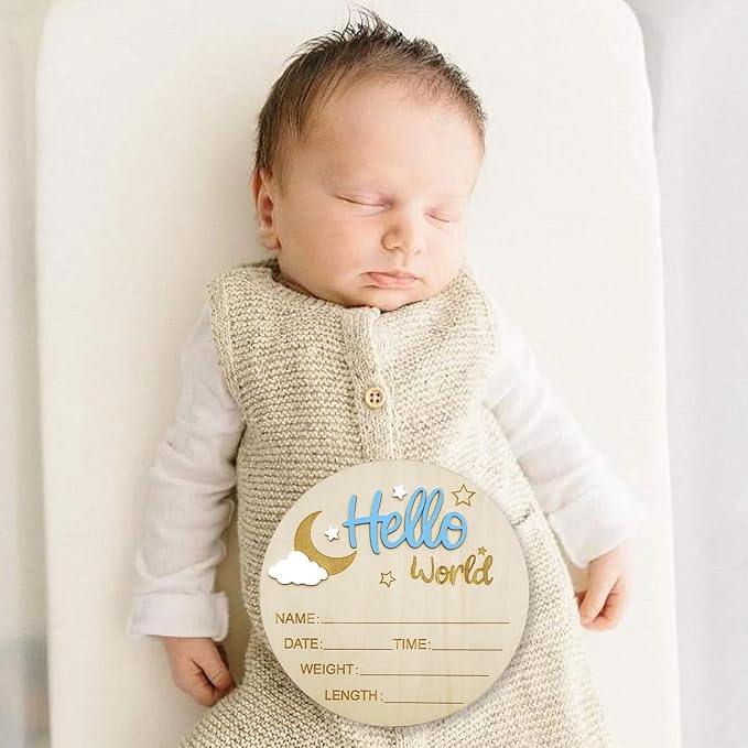 Baby Announcement Sign, 5.9 Inch Wooden Hello World Newborn Signs, Birth Announcement Sign and Pen, Moon and White Cloud Decoration, Welcome Newborn Arrival to World, Hospital Nursery for baby (Blue)