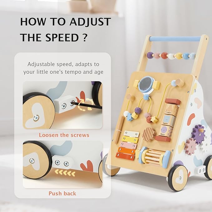 Frogprin Wooden Baby Walker, Baby Push Walker, Montessori Walker Toy for Babies 12M+ Learning to Walk & Sit-to-Stand, Adjustable Speed Walkers for Boys, Baby Activity Center with Sensory Toy for Girls