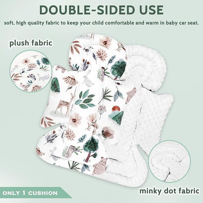 Infant Car Seat Insert and Strap Covers, Very Soft Car Seat Head Support Baby Girl Boy, Reversible Newborn Carseat Insert Cushion Fits for Stroller, Baby Swing, Bouncer (White Animals)