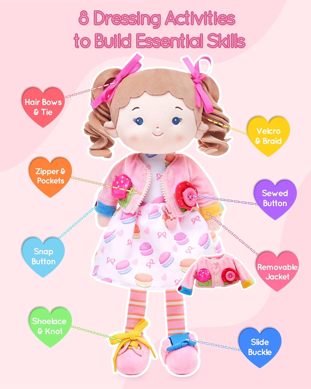Soft Bady Educational Soft Baby Doll(16''), Learning Sensory Doll for Toddlers, Montessori Toys for 2-Year-Old Girls Christmas, Birthday Gifts, Plush Doll with Button-Busy Cupcake-Girl