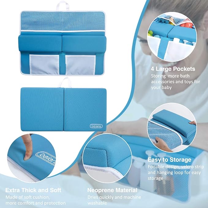 beiens Bath Kneeler and Elbow Rest Pad Set, 1.5'' Thick Quickly Dry Kneeling Pad and Elbow Support, Support Large Baby Bathtub Bath Mat Kneeling Pad with Toy Organizer for Baby Bathing Time (Blue)