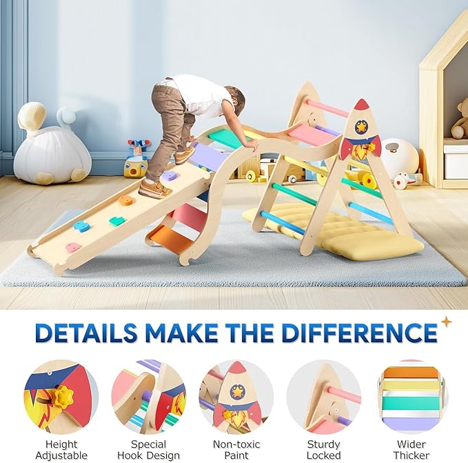 Pikler Triangle Set with Cushion, 9-in-1 Kids Climbing Toys for Toddlers 1-3 Inside, Montessori Toddler Climbing Toys Indoor, Large Wooden Pikler Triangle Climbing Set Baby Playground for Children