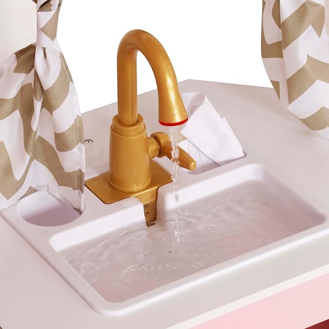 Large Wooden Corner Play Kitchen Sets with Ice Maker,Water Dispenser,Bread Maker,Washing Machine,Electronic Display,Toy Sink with Running Water,Stove with Light&Sounds, Birthday Gift for 3+ (Pink)