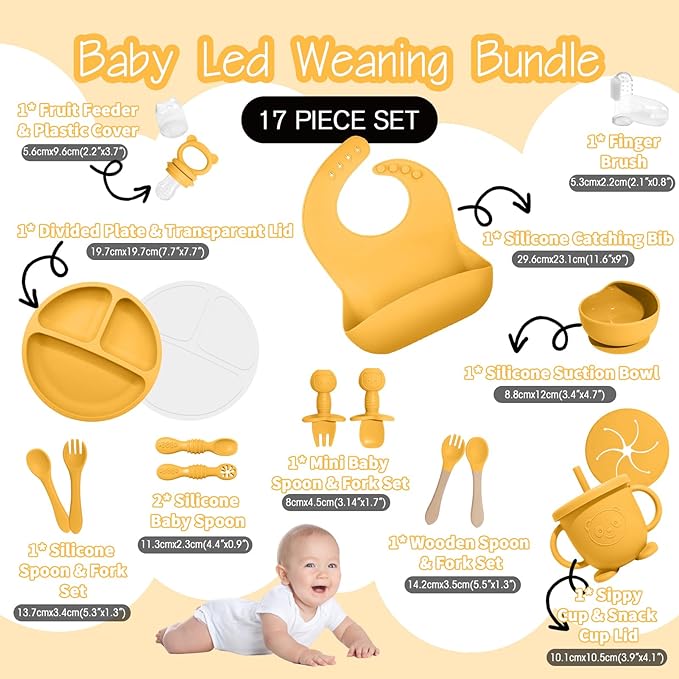 Baby Led Weaning Supplies, 17 Piece BPA-Free Silicone Feeding Set, Eating Essentials Baby Utensils with Suction Plate and Bowl, Pocket Bib, Sippy Cup with Lid, for 6+ Months, Yellow
