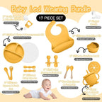 Baby Led Weaning Supplies, 17 Piece BPA-Free Silicone Feeding Set, Eating Essentials Baby Utensils with Suction Plate and Bowl, Pocket Bib, Sippy Cup with Lid, for 6+ Months, Yellow