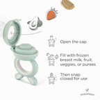 Moss and Fawn Little Explorer Kit - Silicone Frozen Breast Milk Popsicle Kit with Forage Feeder, Teething Popsicle Ice Cube Tray, & Gather & Roll Baby Feeding Bib - BPA, PVC, & Lead-Free - Fern