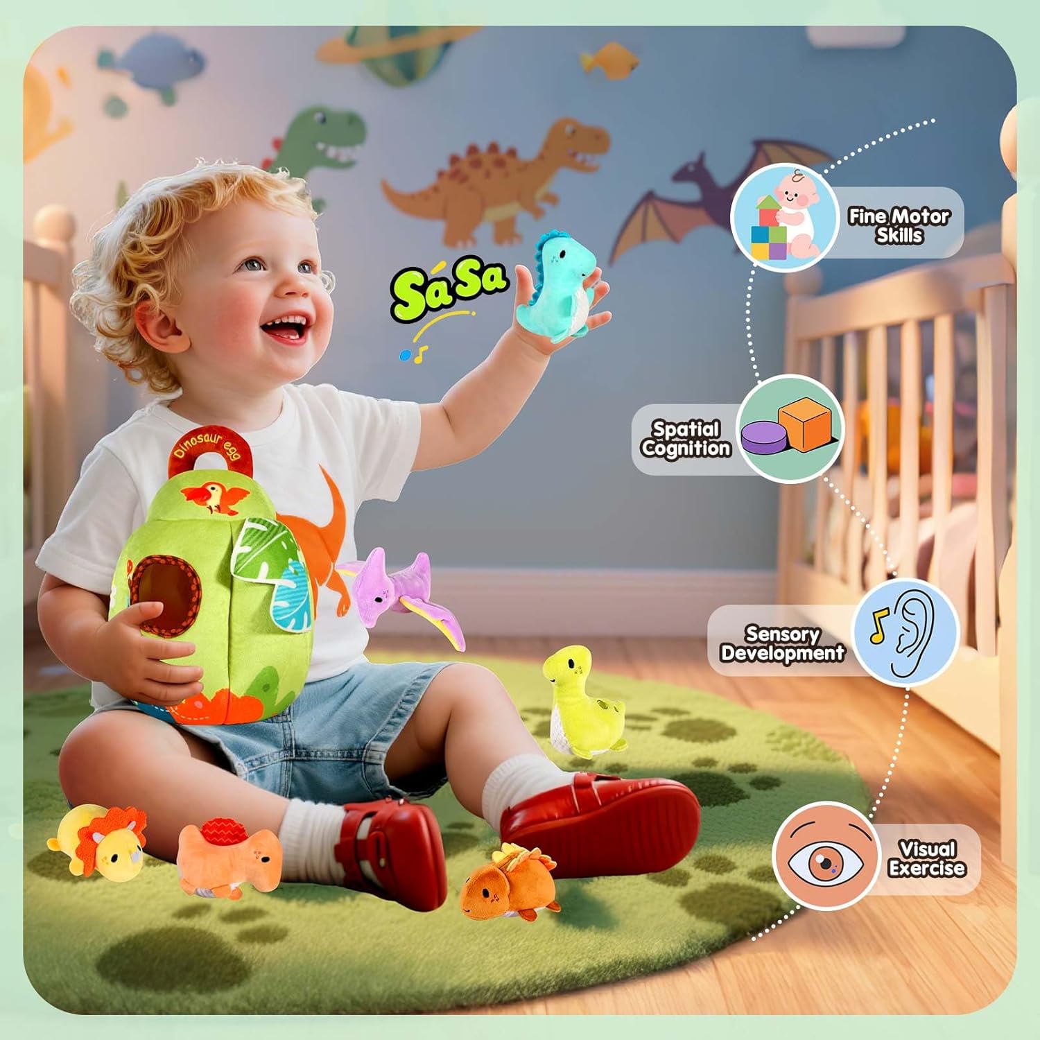 Baby Toys 6-12 Months - Soft Dinosaur Egg Toy with Rattle, Crinkle Paper, Squeaker, Mirror - Baby Sensory Toys for 6+ Month Old Developmental, Montessori Toys for 1 Year Old Boy Girl Gifts