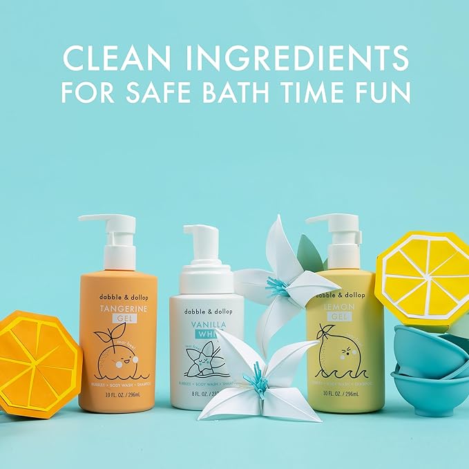 Dabble & Dollop Citrus Kiss Bundle, Natural Bubble Bath, Body Wash & Shampoo for Kids, Paraben & Sulfate Free, Vegan, Gluten-Free, Tear-Free, Tangerine, Vanilla, Lemon (Set of 3)