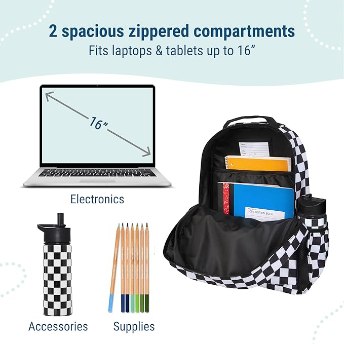 Wildkin ECO rPET 17-inch Large Backpack – Sustainable, Padded, Adjustable – Black and White Checkered
