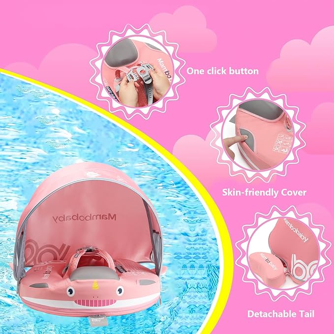 Mambobaby Float with Removable UPF50+ UV Sun Protection Canopy, Infant Pool Float Swimming Float with Tail & Adjustable Safety Seat, Baby Floats for Pool Bathtub (Narwhal Pink-L03NPCTLURBKMF01L03)