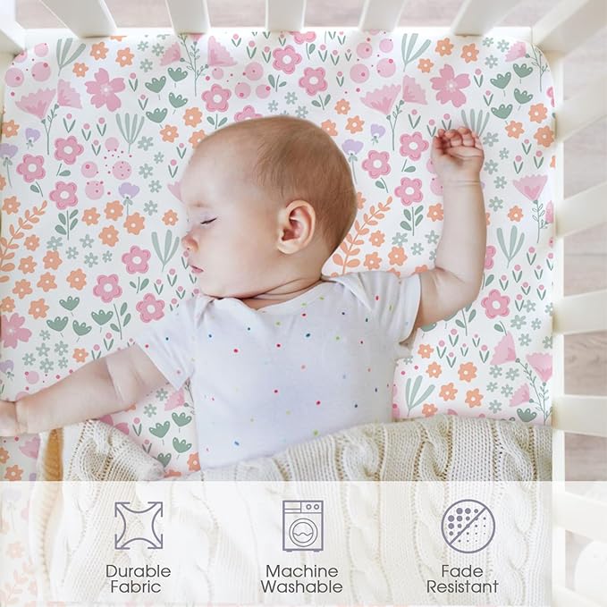 Bimocosy Baby Crib Sheets for Girls, Fitted Crib Sheet 4 Pack for Standard Crib and Toddler Mattresses, Super Soft Breathable Microfiber Baby Sheet 28x52x8in, Ditsy Floral/Pink/Butterfly/Purple