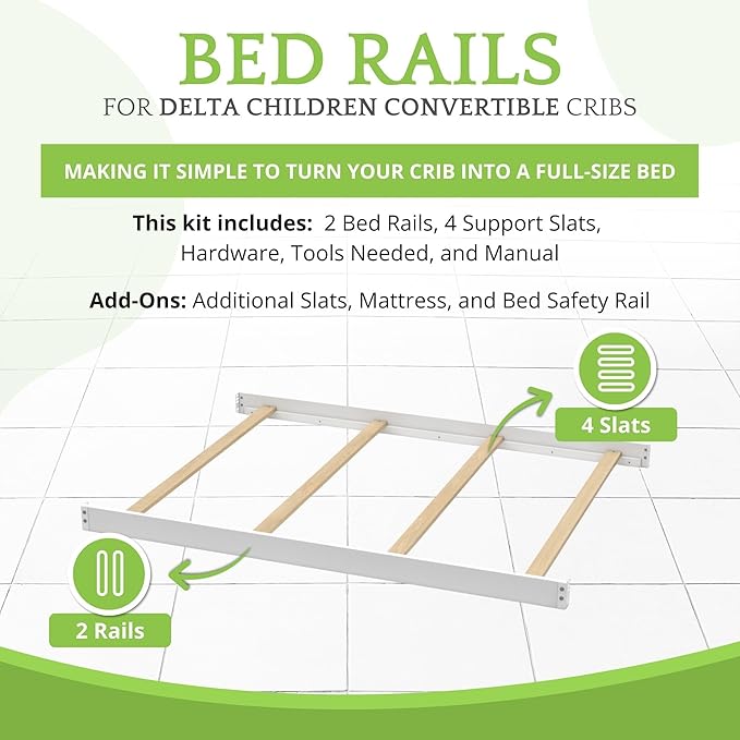 Full-Size Conversion Kit Bed Rails Compatible with Delta Children Convertible Cribs - Solid Wood Rail #0050 - Toddler & Adult Bed Rail for Full-Size Beds - Baby Furniture (White - 100)