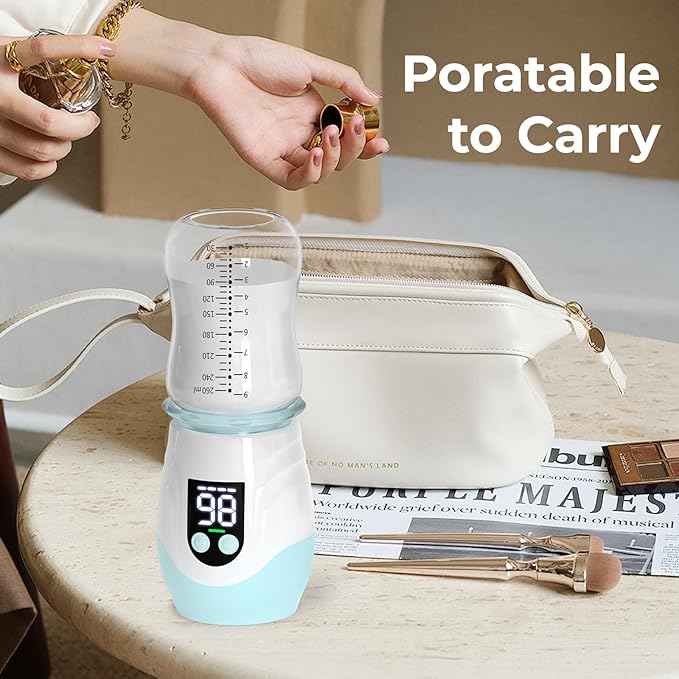 Portable Cordless Baby Bottle Warmer for Travel, Rechargeable with 8 Adapters & 1 Milk Powder Container, Safe Material, Fast Heating, Compatible with Major Brands,Blue