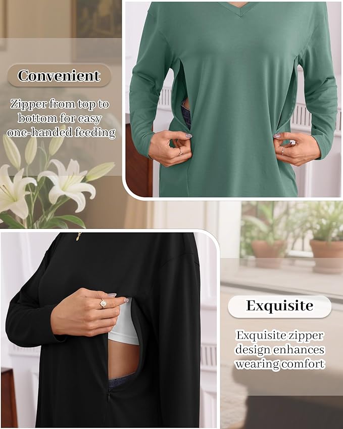 3 Pack Women's Oversize Nursing Shirts for Breastfeeding with Hidden Zippers Loose Fit Long Sleeve Maternity Tops