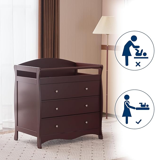 Karl home Changing Table Dresser Baby Diaper Changing Station Infant Nursing Table with 3 Drawers, Safety Rail & Strap for Bedroom, Nursery, Brown