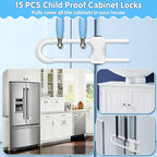 Modacraft 15Pcs Cabinet Locks Baby Proofing | U Shaped Adjustable Child Safety Cabinet Lock | Child Proof Baby Lock for Cabinets Closet | Easy to Use For Knob Handle in Kitchen Bathroom