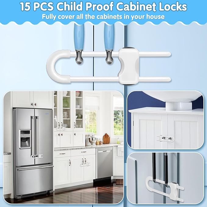 Modacraft 15Pcs Cabinet Locks Baby Proofing | U Shaped Adjustable Child Safety Cabinet Lock | Child Proof Baby Lock for Cabinets Closet | Easy to Use For Knob Handle in Kitchen Bathroom