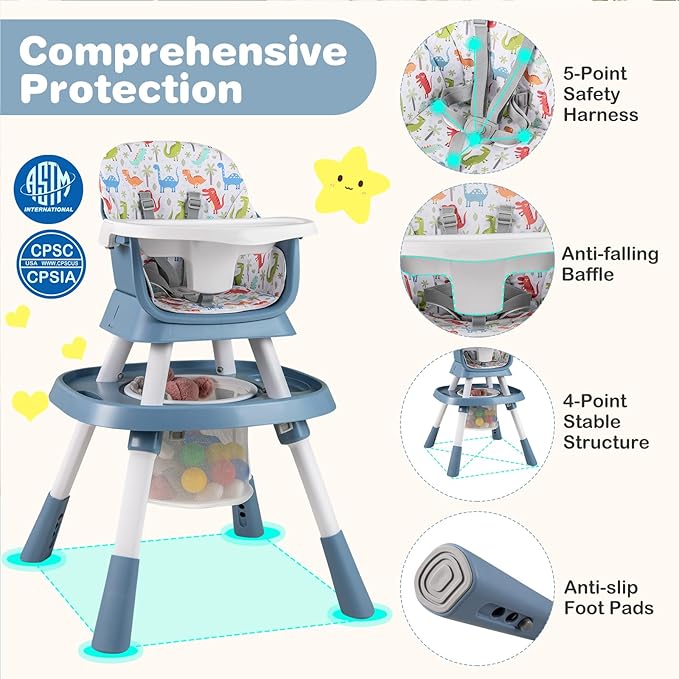 KOTEK 16 in 1 Convertible High Chair, Baby Highchair & Activity Center with Toys, Booster Seat, Building Block Table, Toddler Chair with 5-Point Harness, Removable Tray & Cushion (Blue)