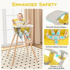 BABY JOY Convertible Baby High Chair, 3 in 1 Wooden Highchair/Booster/Chair with Removable Tray, Adjustable Legs, 5-Point Harness, PU Cushion and Footrest for Baby, Infants, Toddlers (Yellow)