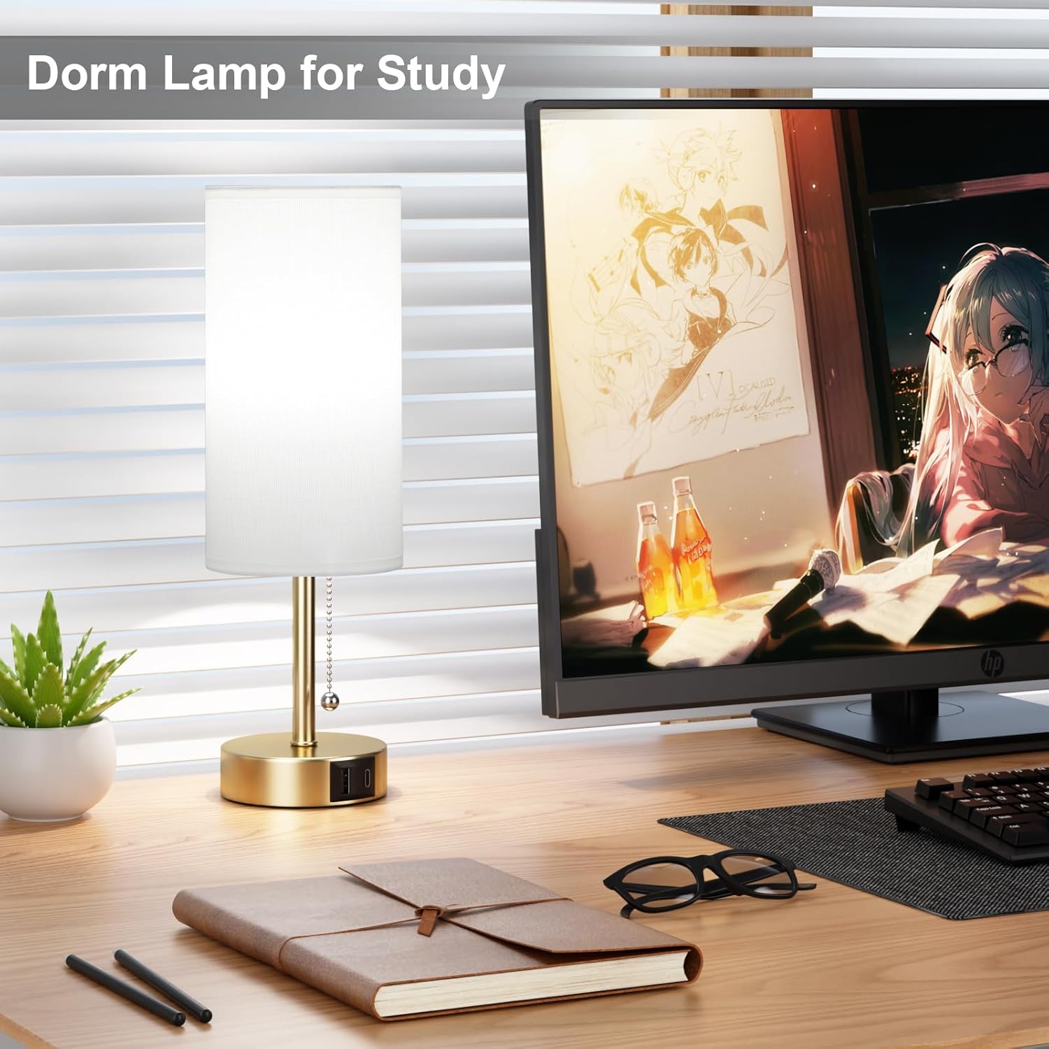 Gold Bedside Lamp for Bedroom Nightstand - Small Table Lamp with USB A + C Charging Port, 3 Color Temperatures Pull Chain Night Stand Light, Side Table Desk Reading Lamp for Living Room/Dorm Room