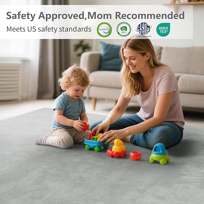 Baby Play Mat for Floor,1.3" Thick Elasti-Foam 50"×74" Playpen Mat for Tummy Time,Water Repellent Soft Coral Velvet for Toddler,Infant,Kids,Non-Slip Backing Safe for Crawling(Light Grey)