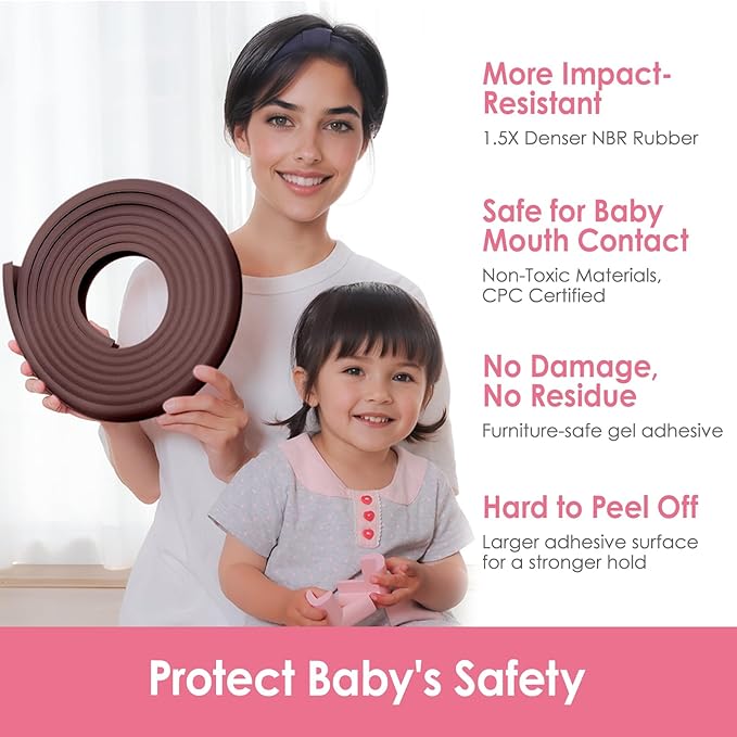 Baby Proofing Corners and Edges Protector Guards (16.5FT Edge +8 Corners), Soft Rubber Foam Edge Protector with Removable Double Sided Tapes, Furniture Table Bumper Guard for Baby Safety-Brown