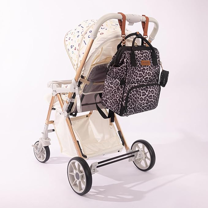 Wrangler Leopard Print Backpack Multifunction Baby Travel Bag with Changing Pad, Stroller Straps and Pacifier Case WG2204-91103LP-BK