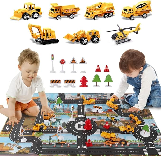 Dwi Dowellin Construction Toy Airplane Set/Play Mat,Excavator,Bulldozer,Mixer,Dumper Truck,Forklift,Crane,Alloy Metal Car Toys for 3 4 5 6 Years Old Toddlers Kids Boys & Girls(Large)