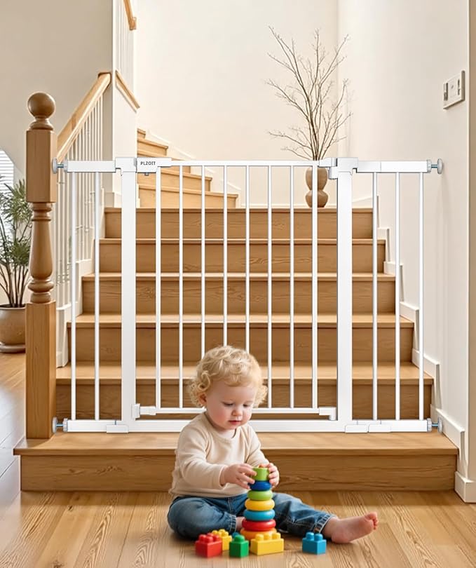 Baby Gate for Stairs, 30'' Tall 29.5-46" Extra Wide Dog Gate for Stairs Walk Thru Auto Close Metal Pet Gate for The House, Stairs and Doorways Child Gate Pressure Mounted Safety Gate Indoor - White