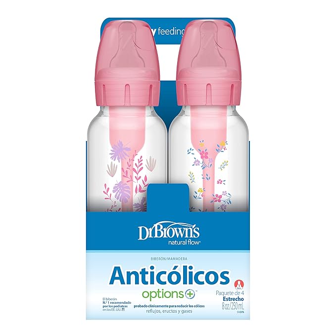 Dr. Brown's Natural Flow Anti-Colic Options+ Narrow Baby Bottle, Pink Floral, 8 oz/250 mL, with Level 1 Slow Flow Nipples, 0m+, 4 Pack